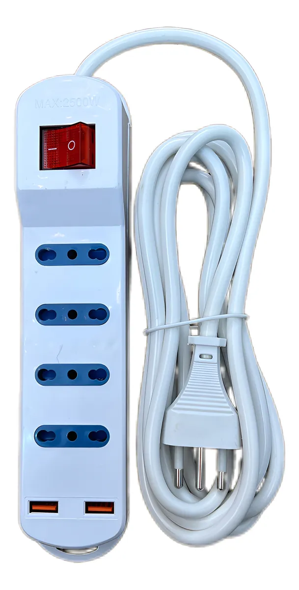 Alargador con switch, 4 tomas y 2 USB. Cable de 3 metros, protección infantil y LED indicador. 2500W y 250V. Ideal para hogar y oficina.