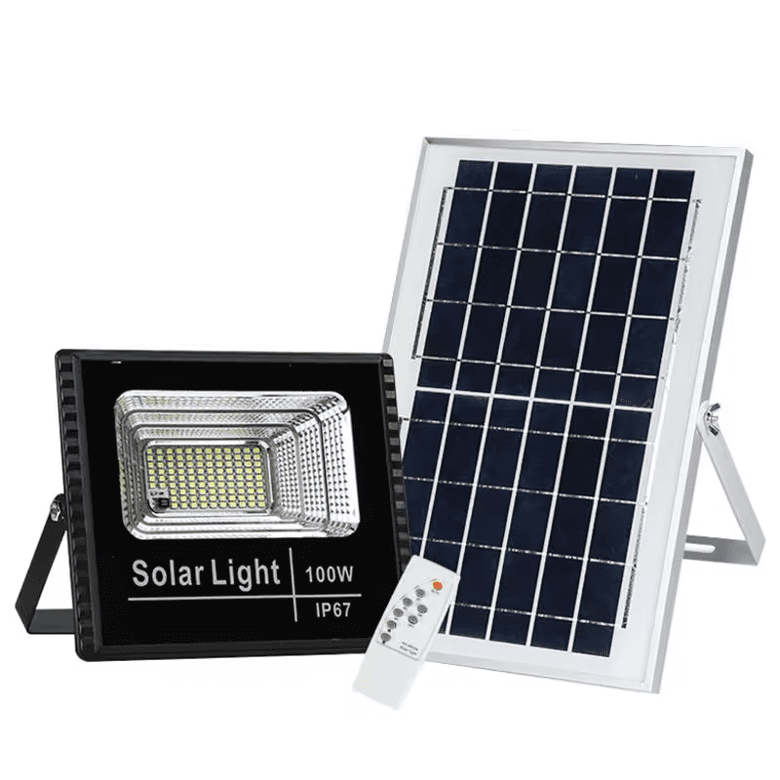 Proyector LED solar 100W IP67 con panel solar y control remoto para exteriores